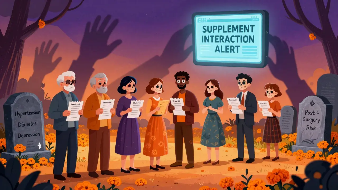 Patients walk through a cemetery of medical conditions, holding supplement lists under glowing marigold lights.