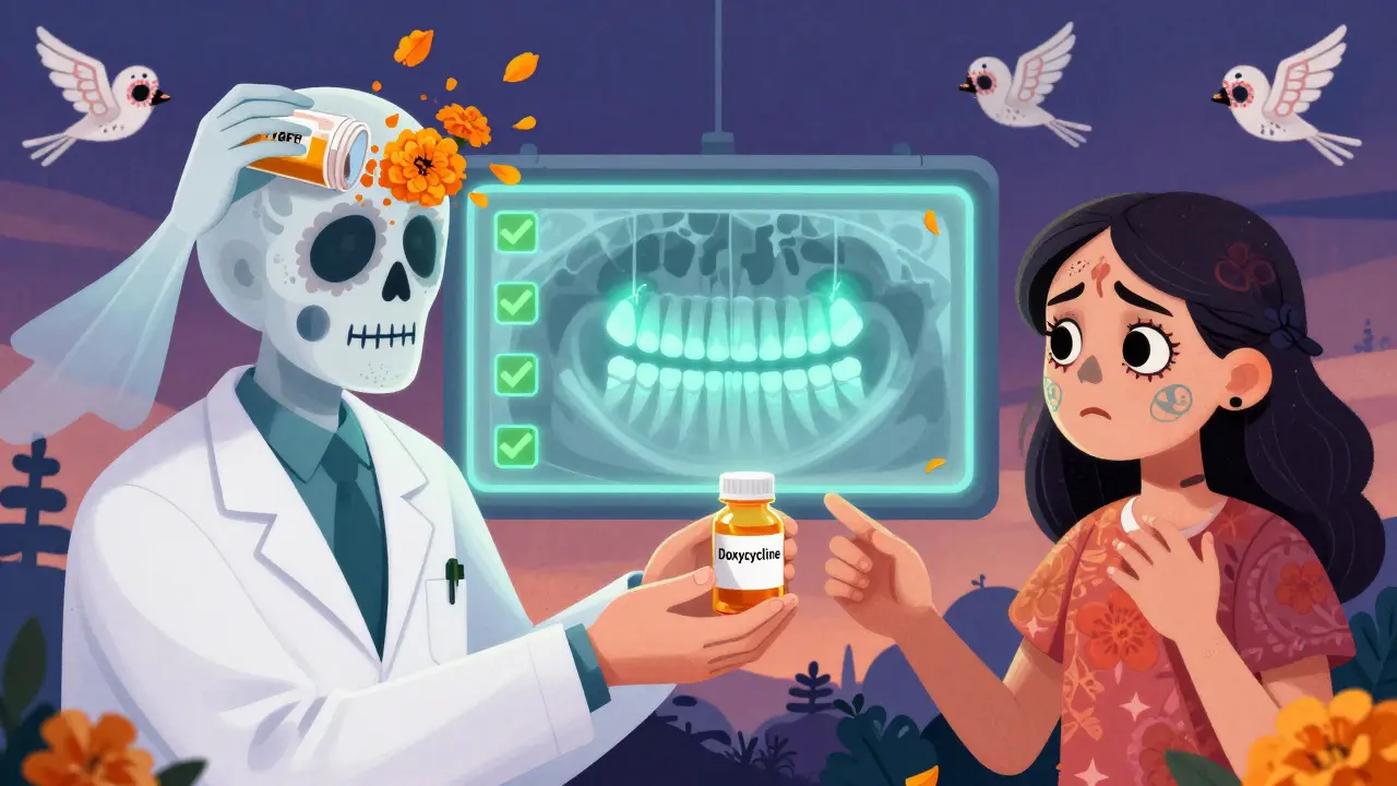 Pediatrician gives doxycycline to parent as ghostly 1970s doctor fades into marigold petals, dental chart glows with green checkmarks.