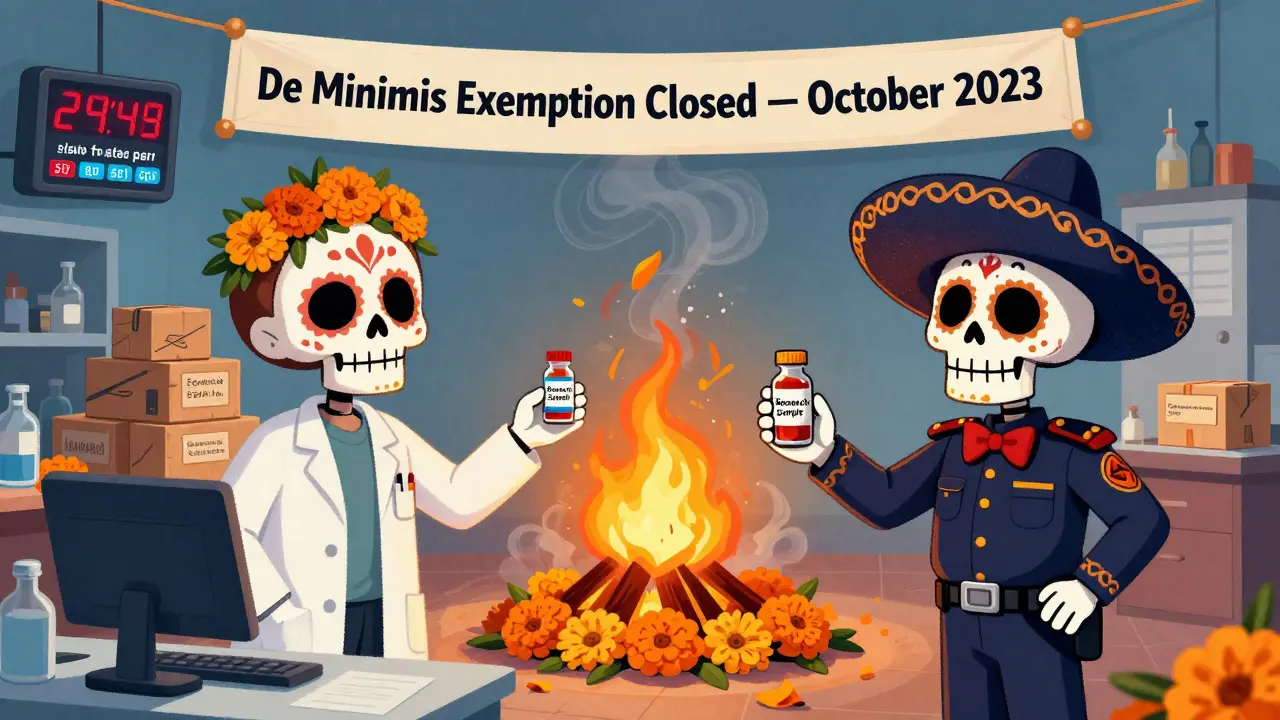 Researcher handing a small vial to a skeleton customs agent as detained drugs burn in a marigold pyre, with a 'De Minimis Closed' banner.