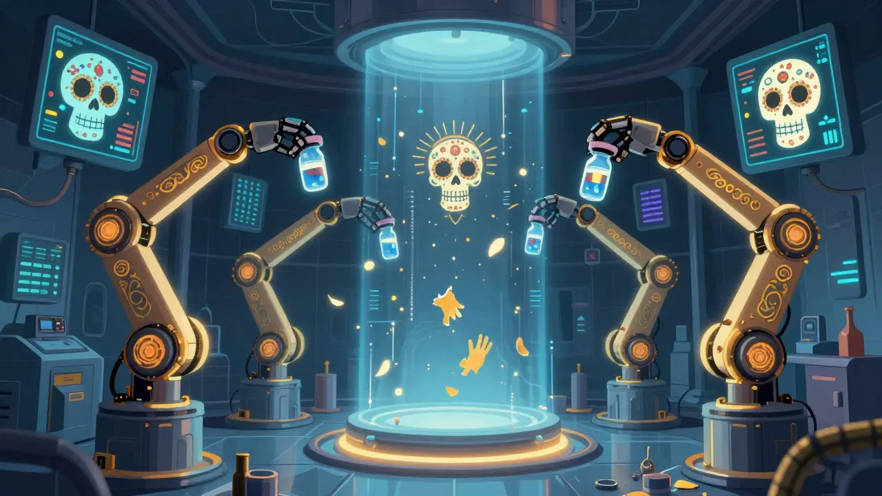 Robotic arms in isolator offer vials to a skeletal deity, digital sensors as dancing skulls, torn glove drifting down.