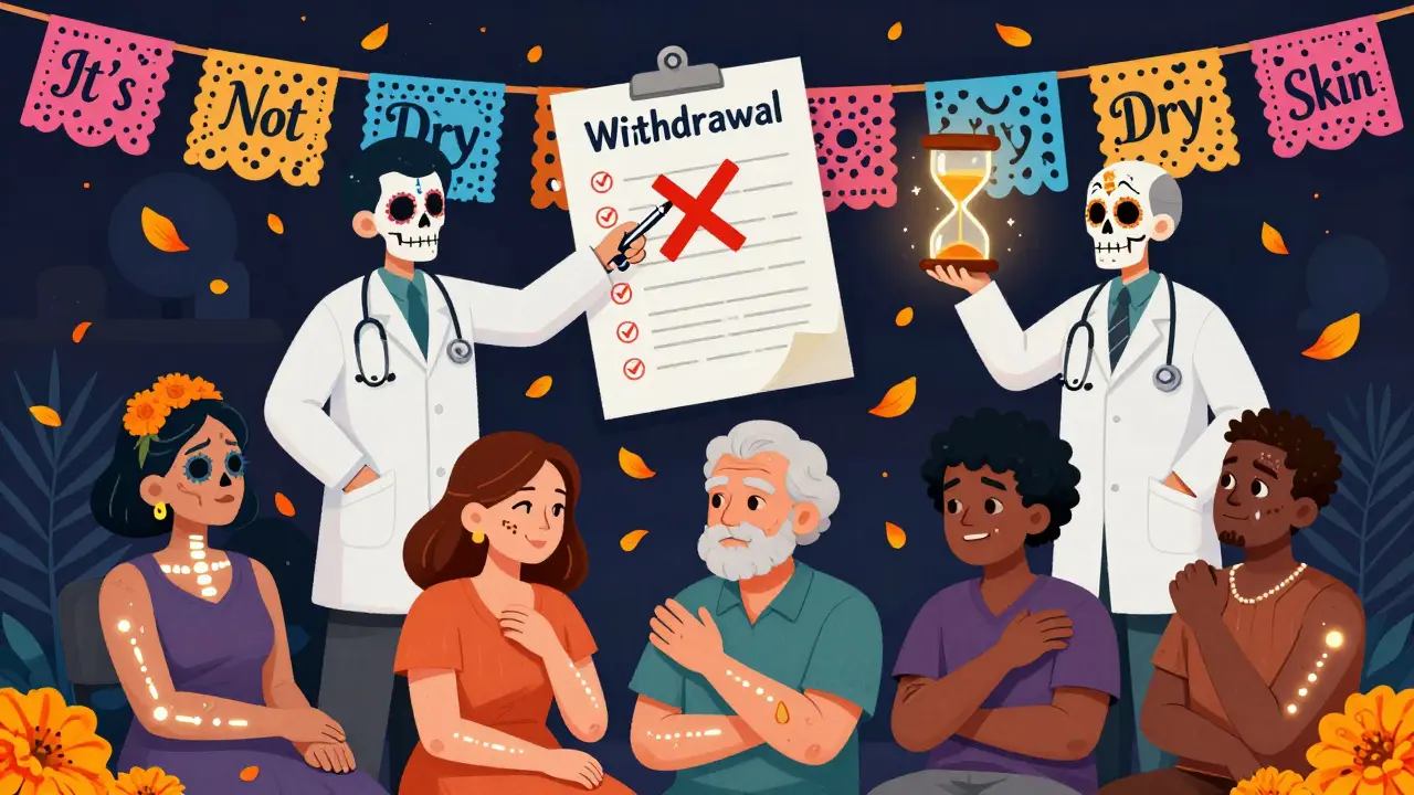 Skeletal doctors analyzing a medical chart with patients emitting itch lines, marigold petals falling around them.