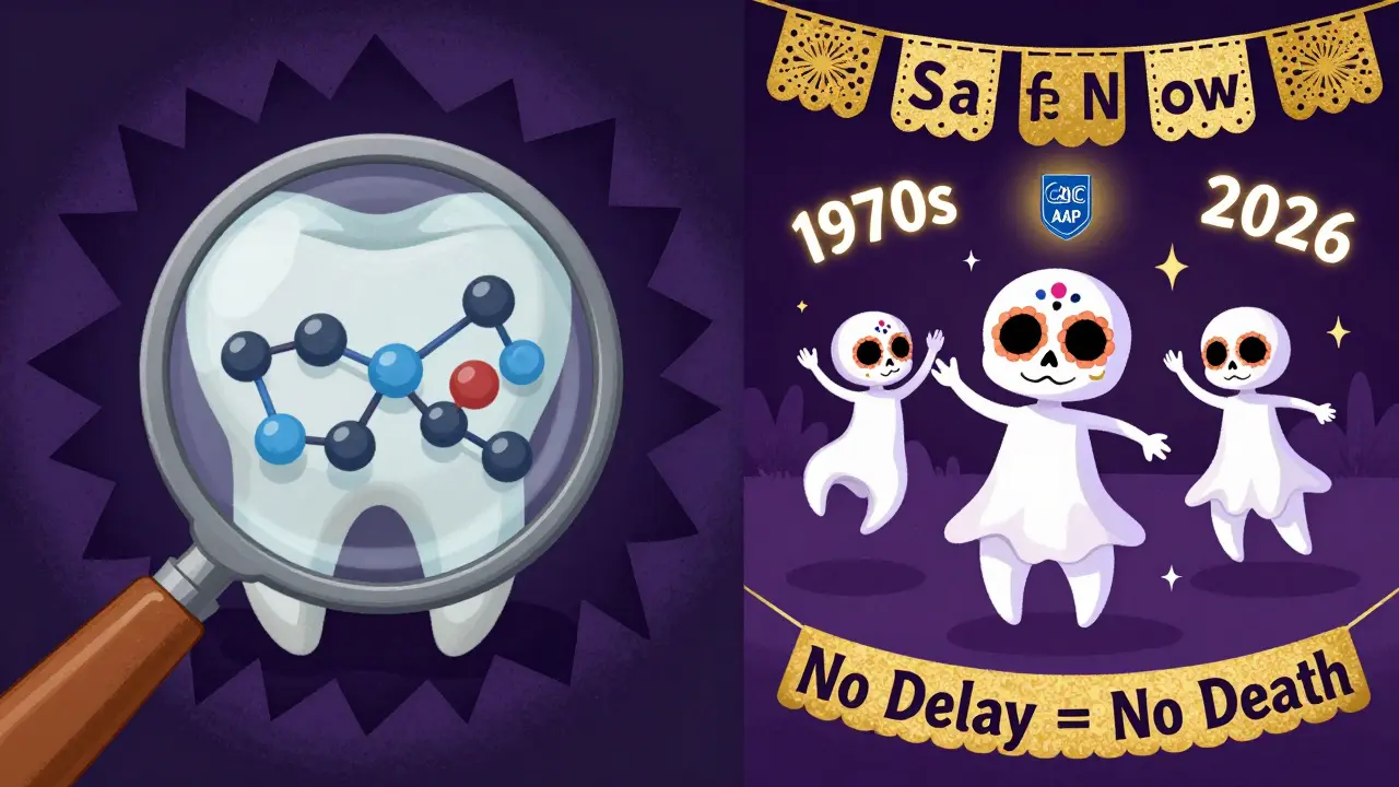 Split image: tetracycline binds tightly to tooth crystals vs doxycycline passes harmlessly, with CDC and AAP badges glowing above.