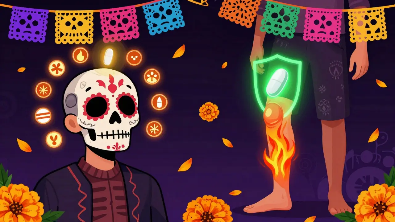 Split scene: one person with a headache and acetaminophen, another with a swollen knee and ibuprofen, both framed by Day of the Dead marigold petals and papel picado banners.