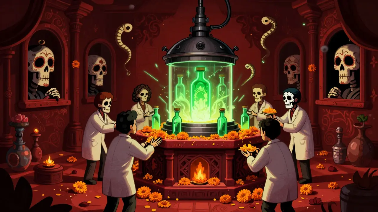 Steam sterilizer altar with vials being purified, skeletal workers offering marigolds, pyrogens as serpents in background.