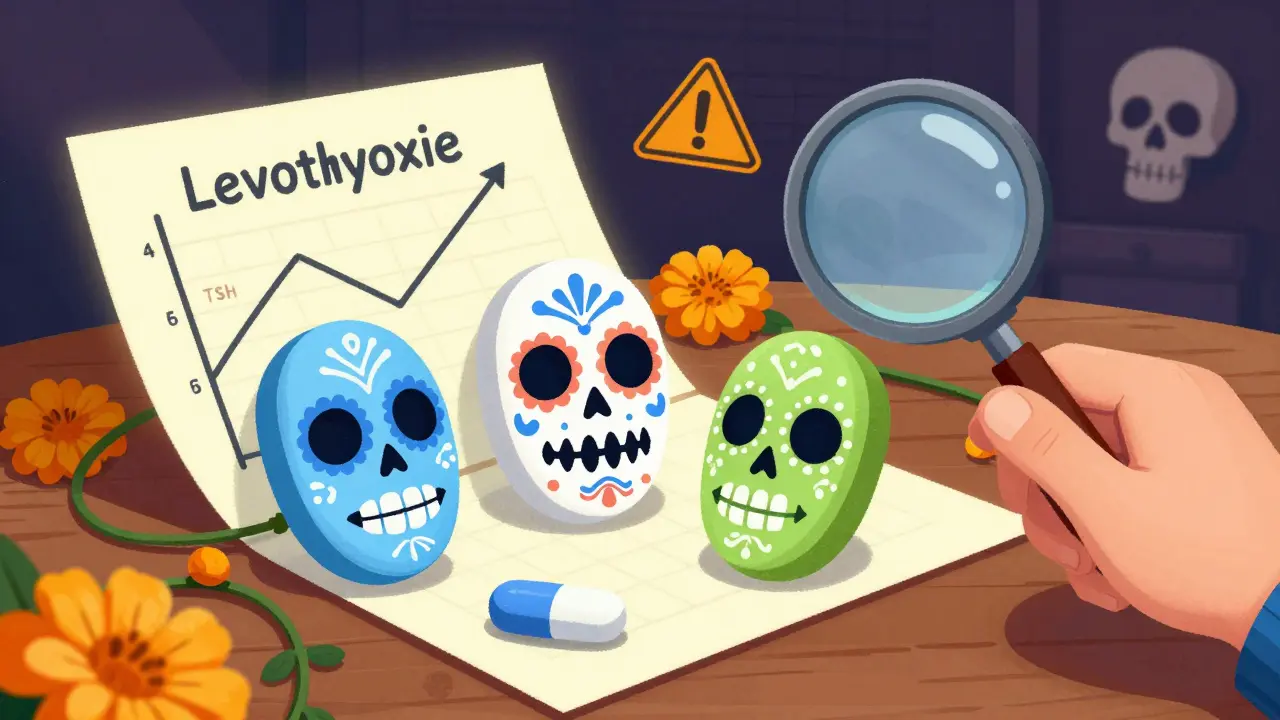 Three differently colored generic pills with skull designs beside a rising TSH chart and warning skull.