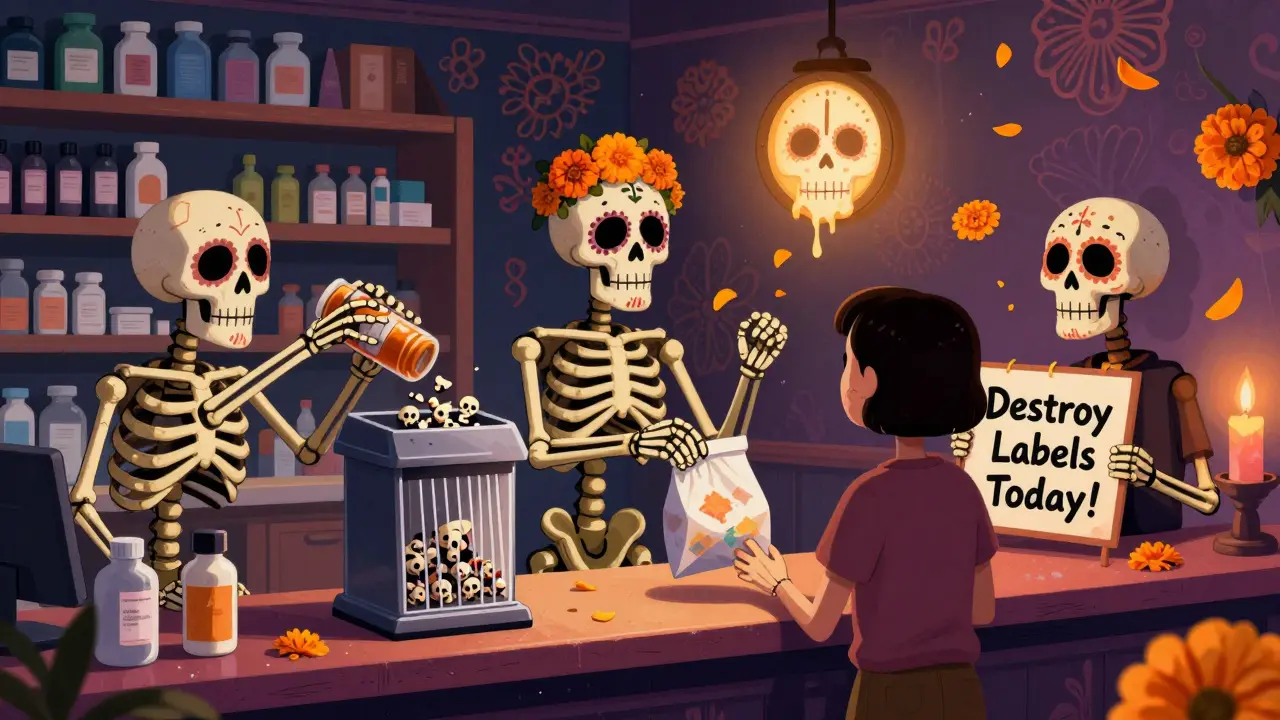 Three skeletons at a pharmacy handling pill bottle disposal with skull-shaped shredder and marigold petals.