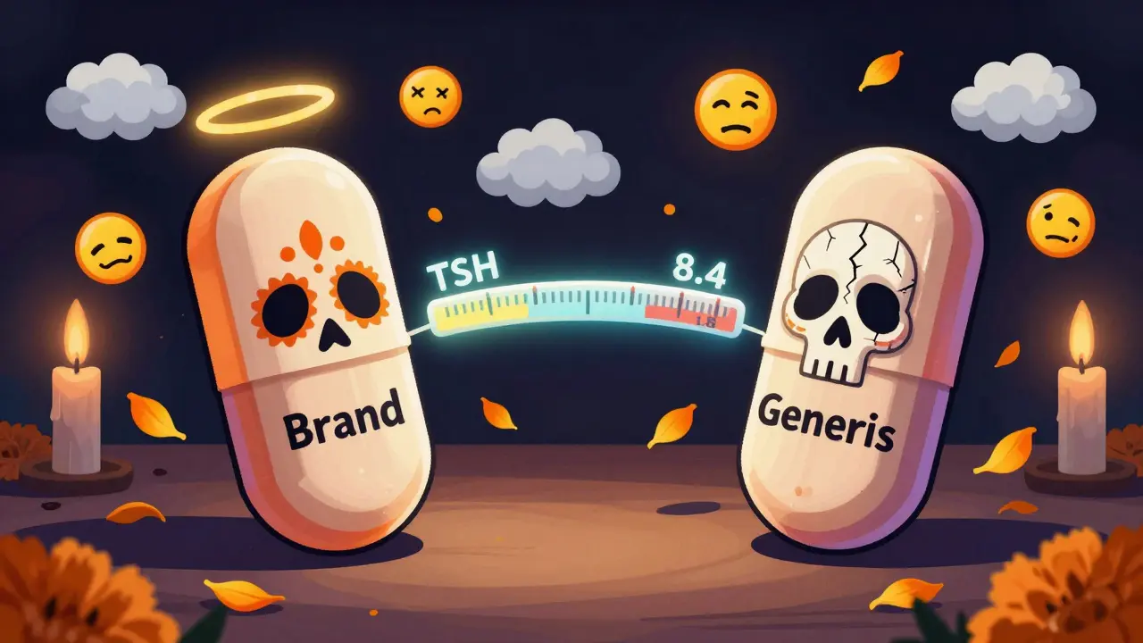 Two generic thyroid pills with contrasting symbols cause a TSH scale to swing wildly in a folk-art-inspired scene.