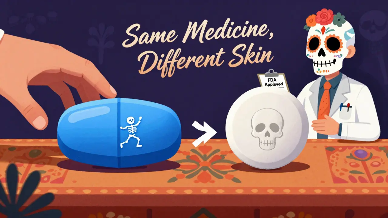 Two pills side by side on a patterned table, one branded and one generic, with a pharmacist in a skull mask watching.