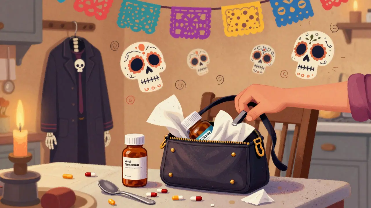 A child pulling pills from an open purse on a chair, with a skeletal visitor's coat nearby, in colorful Day of the Dead illustration.