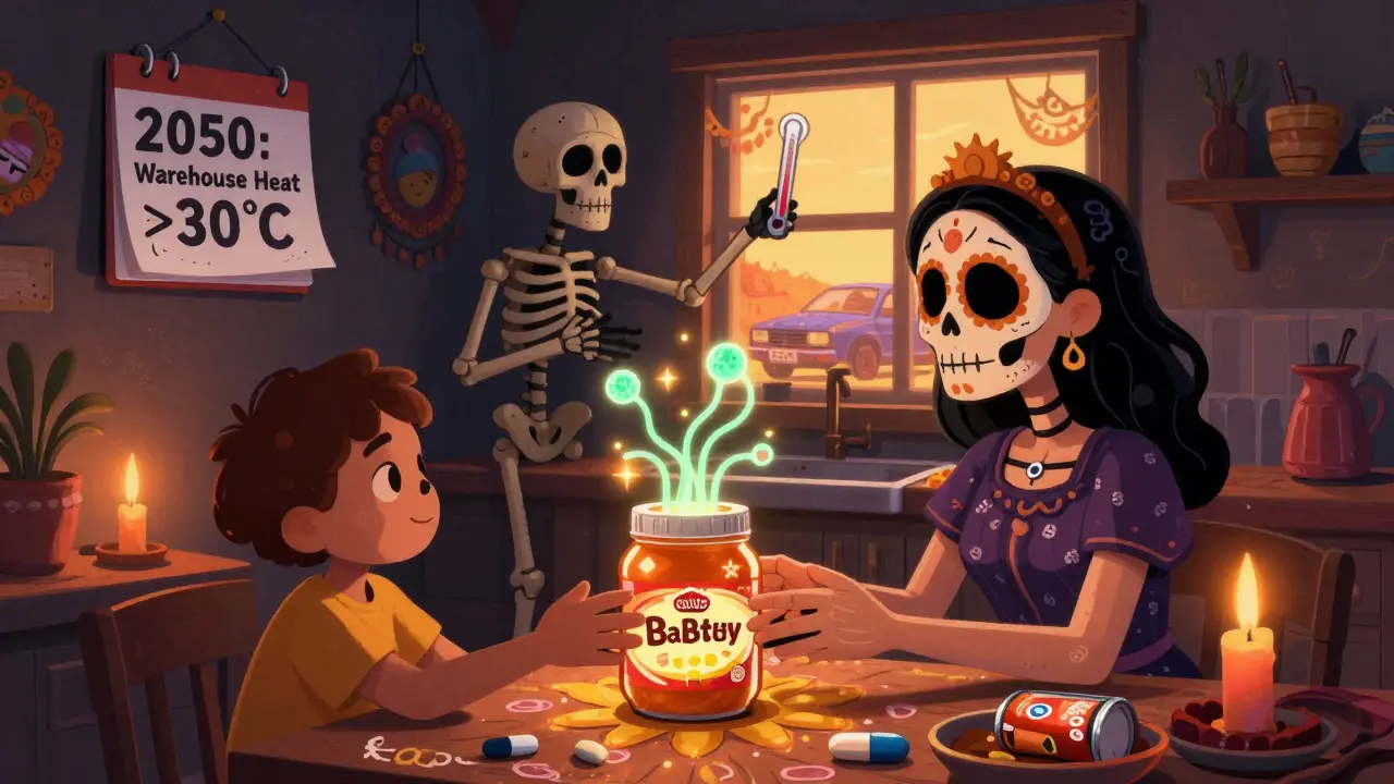 A child receives spoiled store-brand baby food that sprouts skeletal mold, while a branded jar glows safely beside it in a warm kitchen.