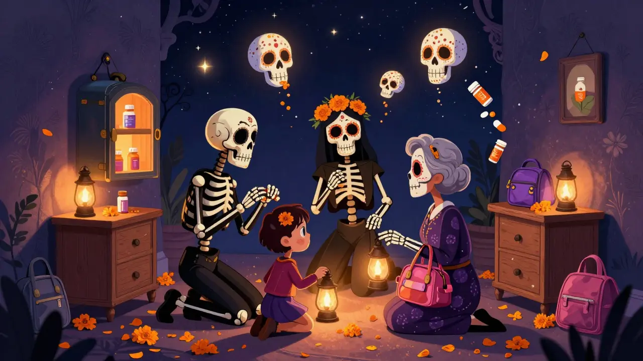 A family of skeletons inspecting medicine storage with lanterns, surrounded by dissolving sugar skulls, in Day of the Dead artistic style.