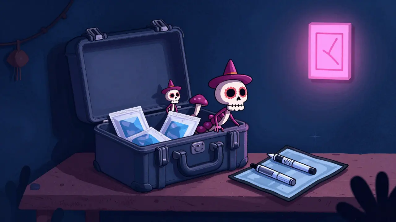 A medicine case on a shelf at night with a pink humidity card, while skeletal fungi flee from silica gel packets in Day of the Dead illustration style.