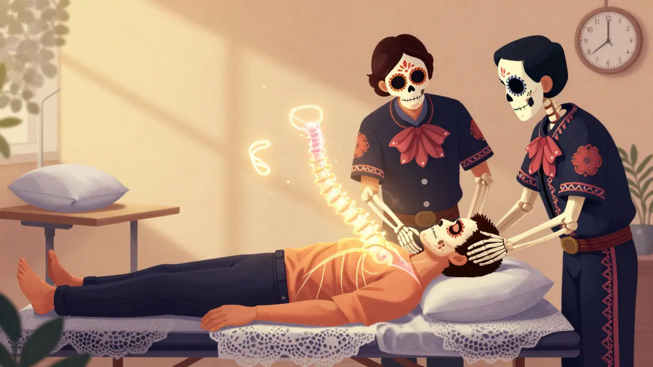 A patient being guided by skeletal therapists through neck rehab, glowing nerve healing above, surrounded by symbols of recovery like a pillow and standing desk.