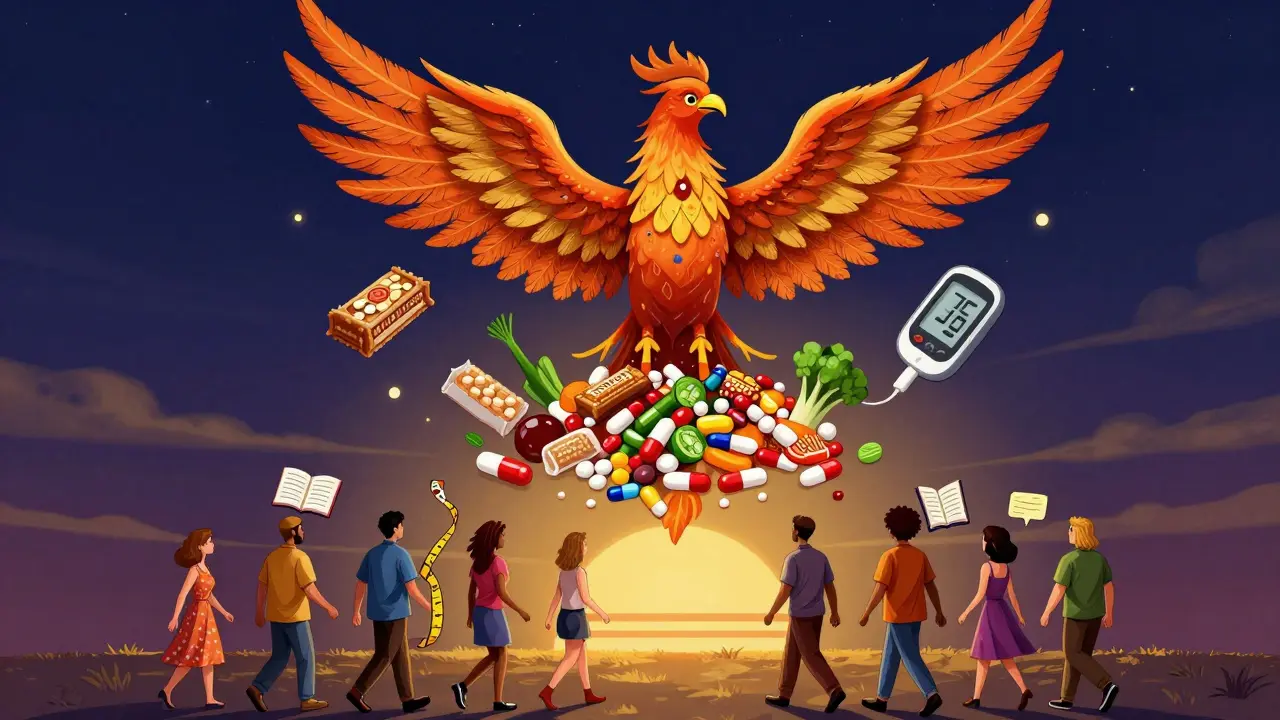 A phoenix rising from pills, made of healthy foods, as people walk toward sunrise, symbolizing empowerment and management of weight gain.