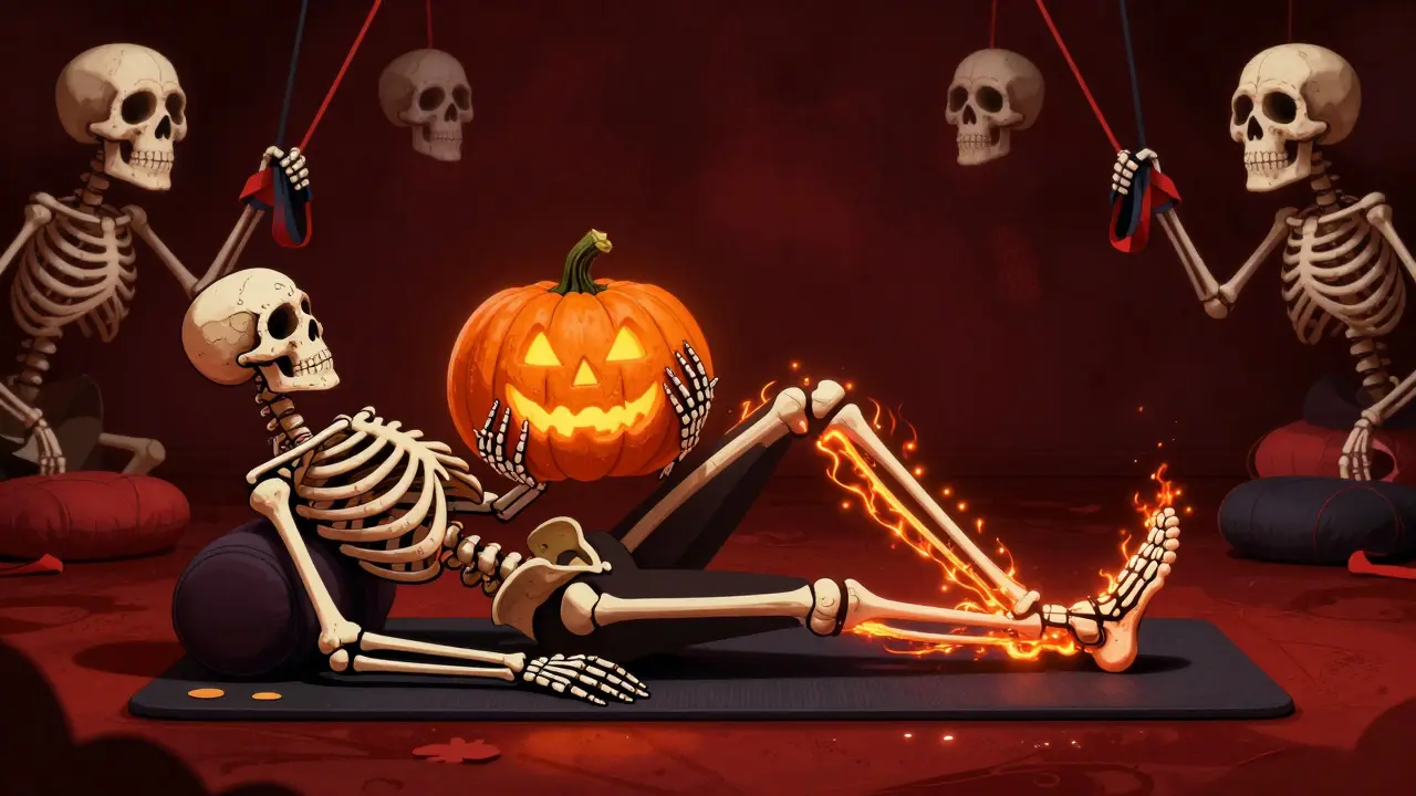 A skeleton performing a McKenzie exercise with a glowing pumpkin-like disc being pushed back, sciatic nerve as a fiery serpent, skulls holding therapy tools.