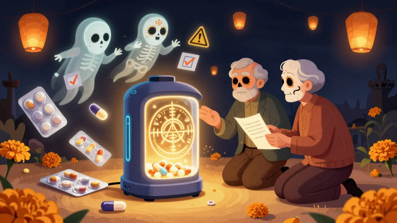 An elderly couple honoring a smart pill dispenser with glowing pills and skeletal guardians, surrounded by marigold light and sacred symbols.