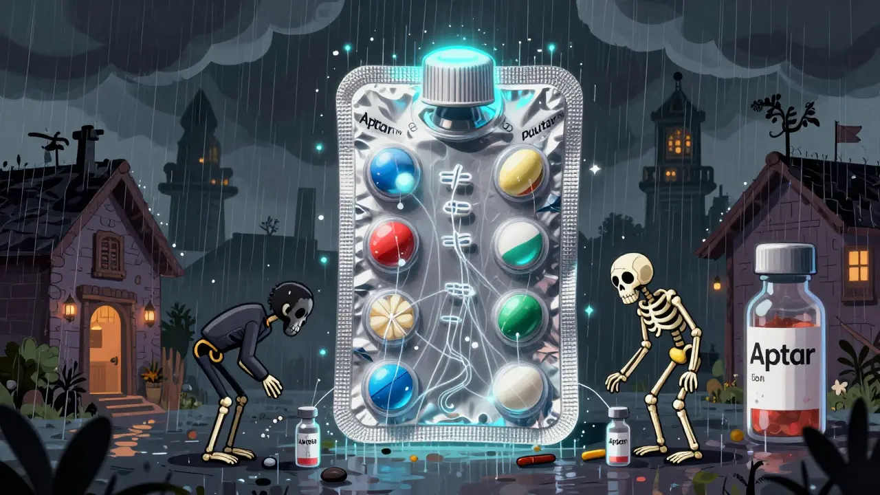 An ornate blister pack temple repelling mold spirits with radiant desiccant threads, under a humid tropical sky in Day of the Dead style.