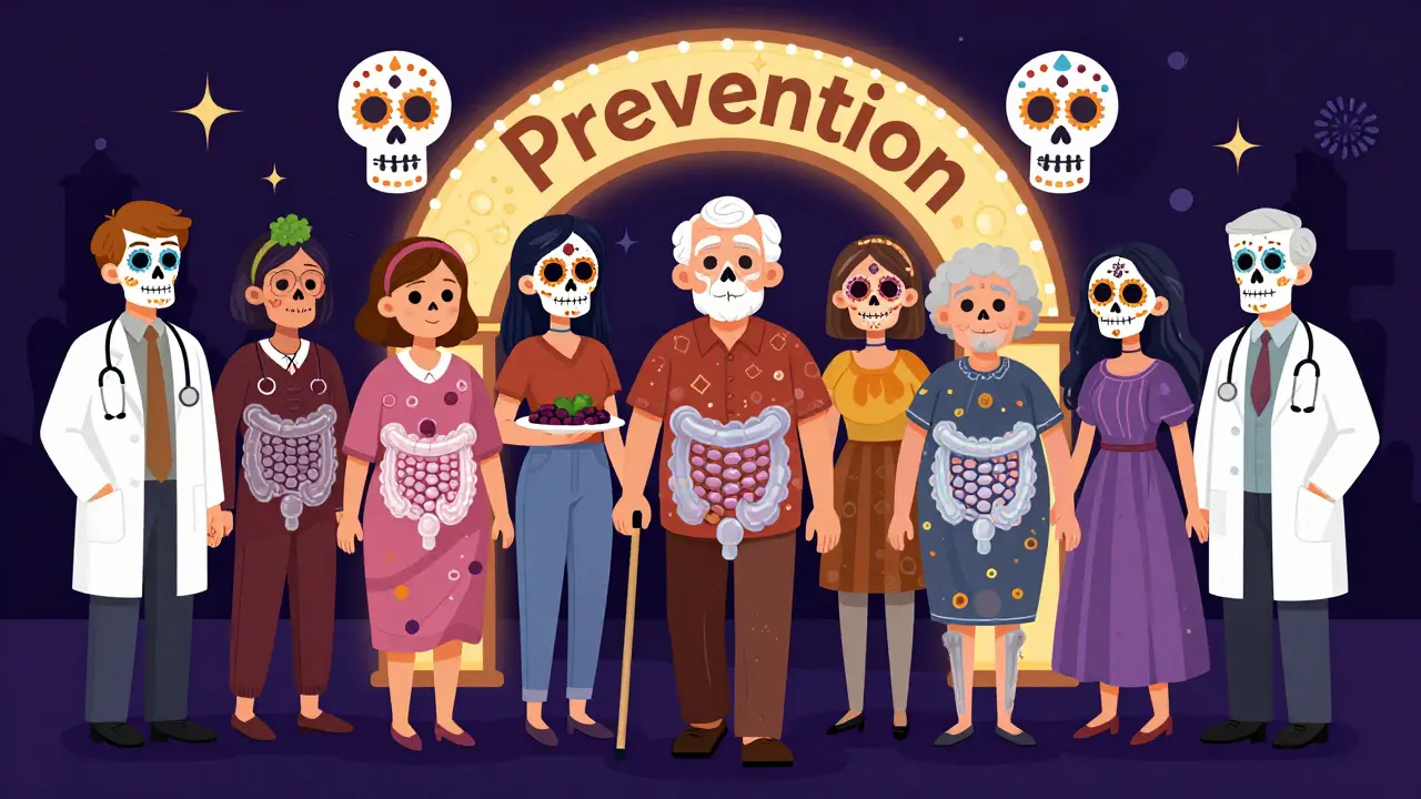 Diverse patients with translucent colons, holding fiber-rich foods, standing under a calavera-adorned arch labeled 'Prevention'.
