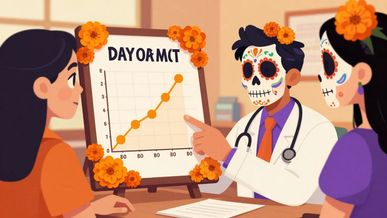 Doctor and patient reviewing skull-decorated symptom chart in clinic
