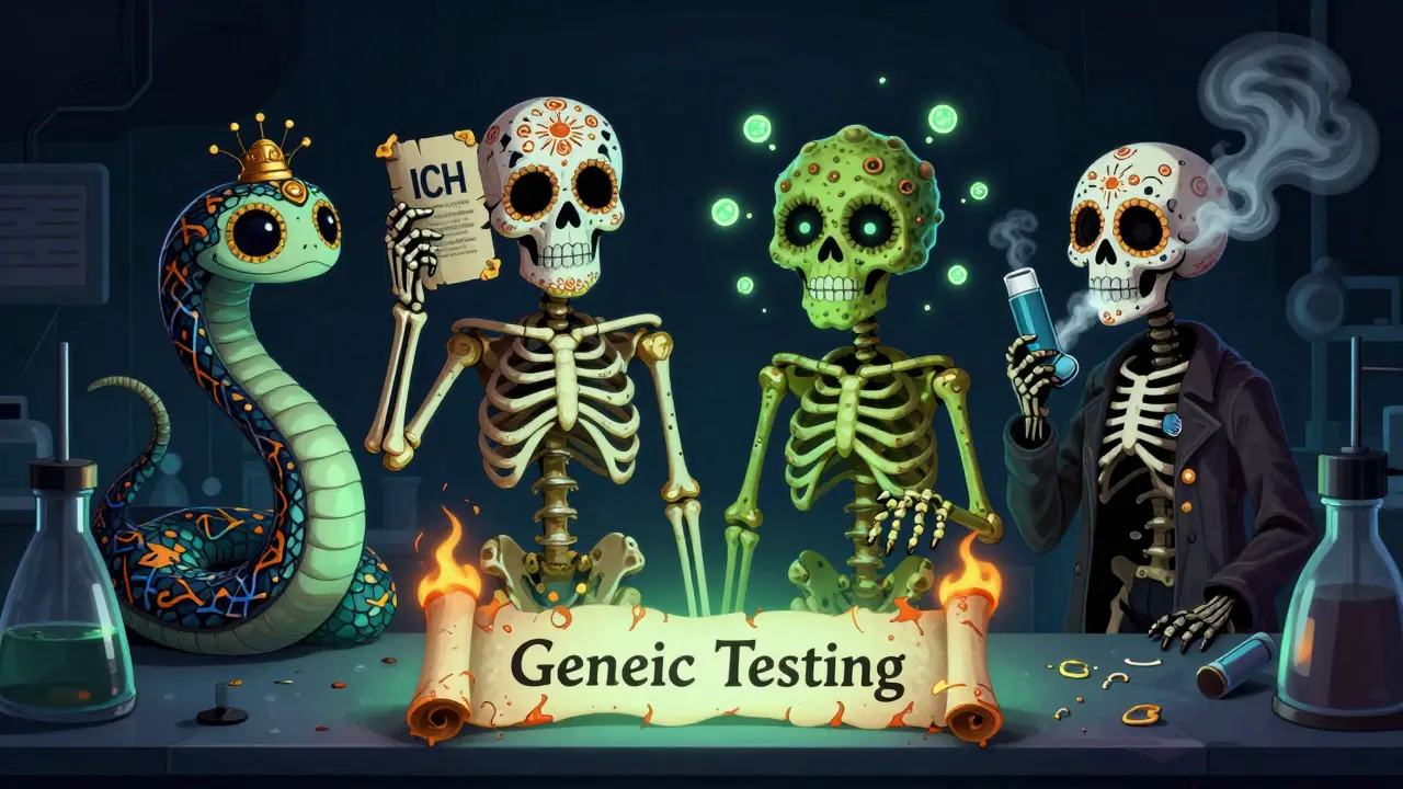 Four monstrous representations of drug degradation rise from a lab bench, each shaped like a Day of the Dead skeleton with symbolic features.