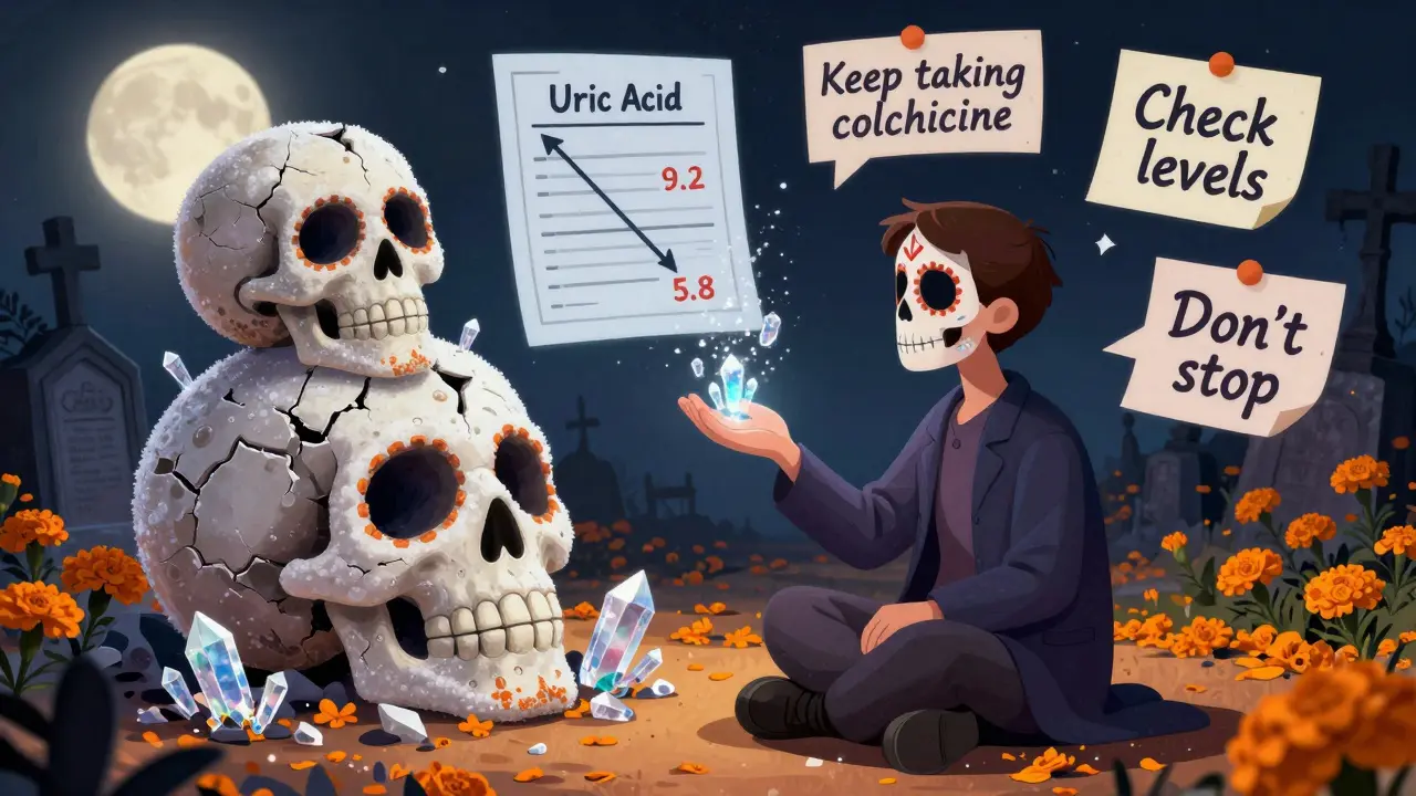 Patient beside a dissolving tophus of sugar skulls, with floating medical reminders in ornate calavera script under a moonlit sky.