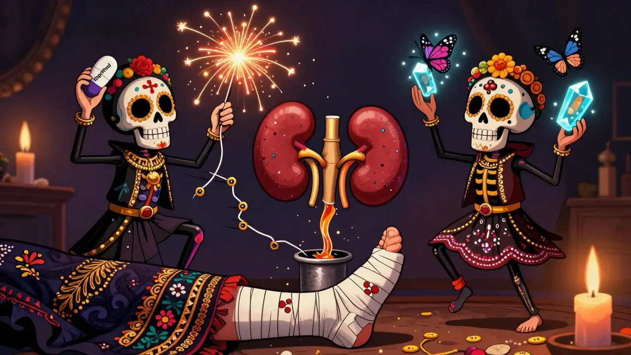 Three medicinal spirits representing gout medications dancing around a sugar-skull kidney and foot, in colorful Day of the Dead aesthetic.