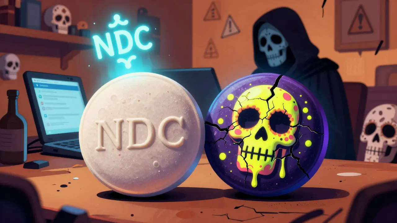 Two pills side by side — one real, one fake — with fluorescent ink forming skulls under UV light, surrounded by pharmacy warning glyphs.