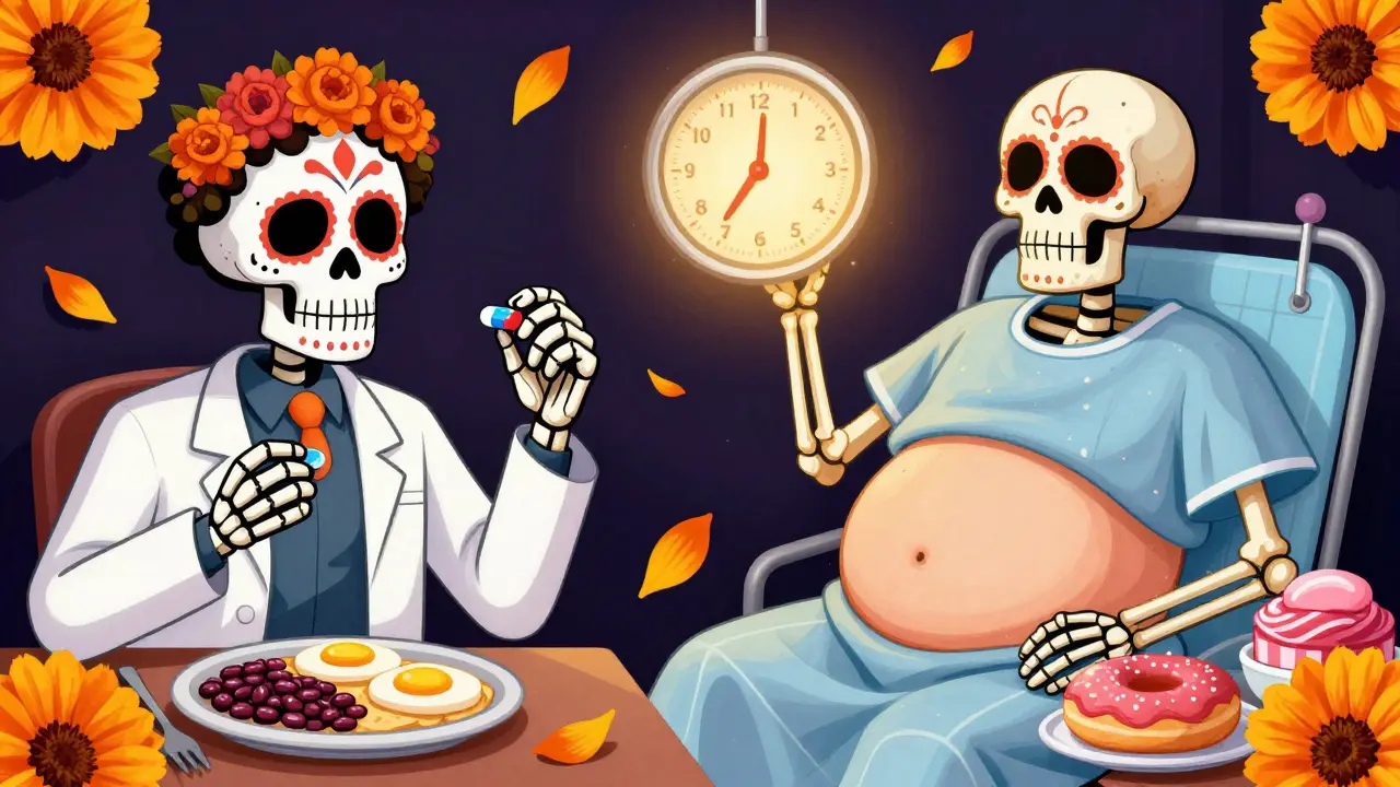 Two skeletons showing contrasting eating habits and pill doses, with a scale tipping toward fat, illustrating dose and diet impact.