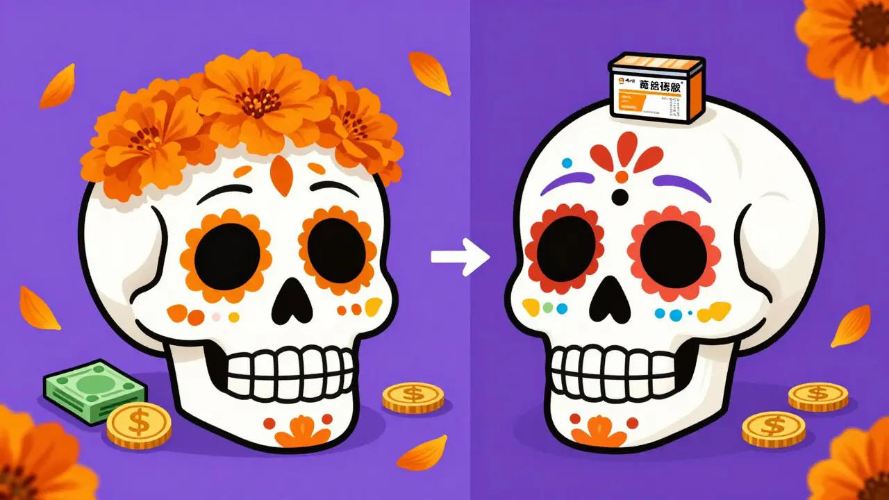 Two sugar skulls representing generic types with marigold petals and price comparison visuals.