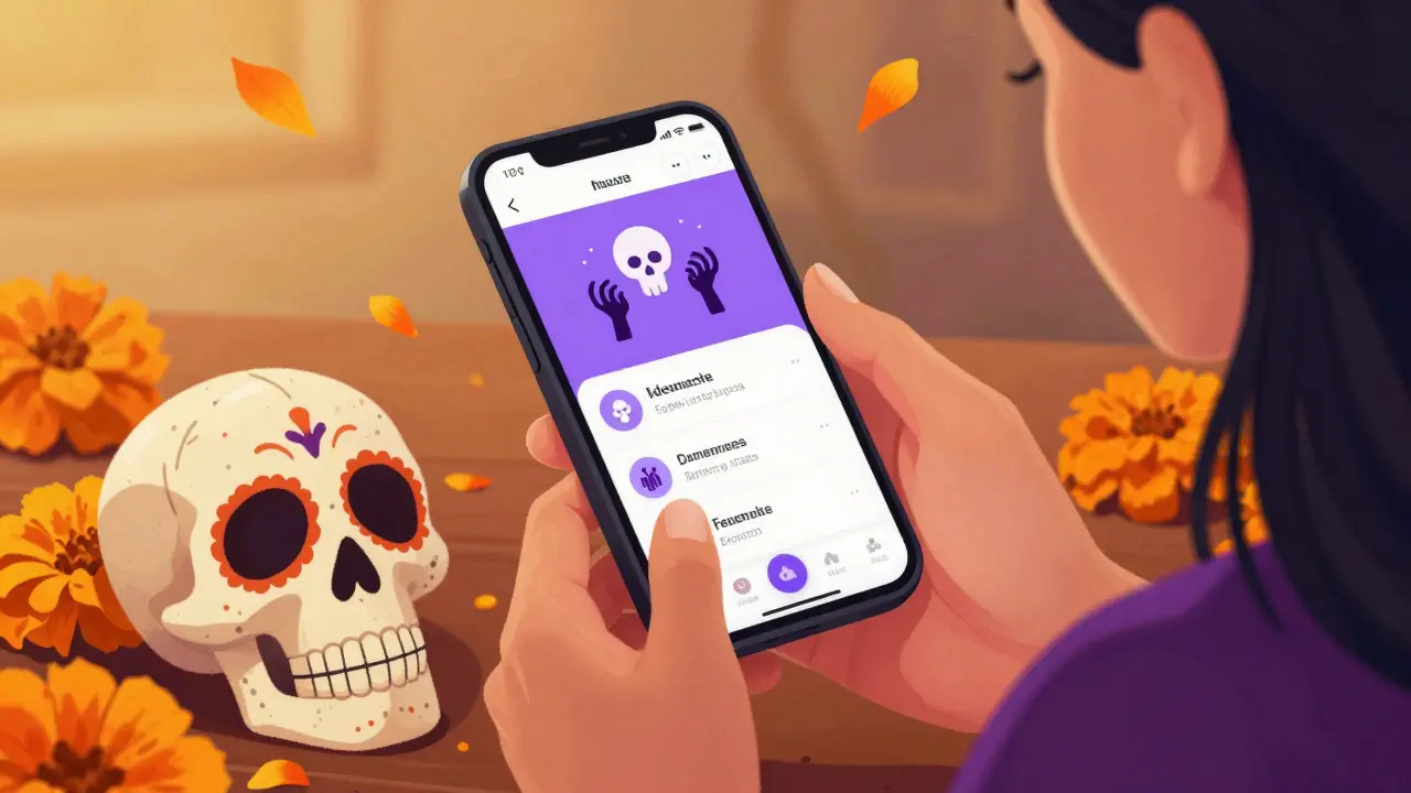 Woman using mobile app to track side effects with skull icons and marigolds