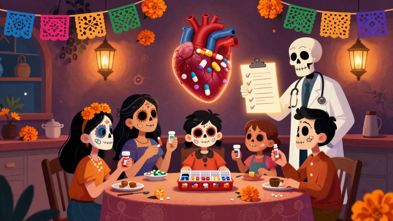A family gathered around a pill organizer at a table, with a glowing checklist and heart-shaped mural of pills in the background.