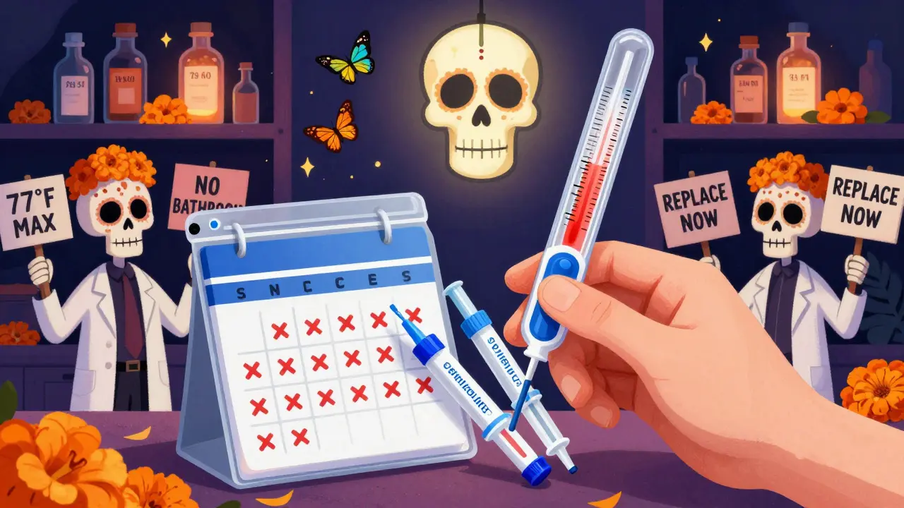 A hand seals epinephrine injectors in a vacuum bag, with skeletal figures holding warning signs and a glowing thermometer.