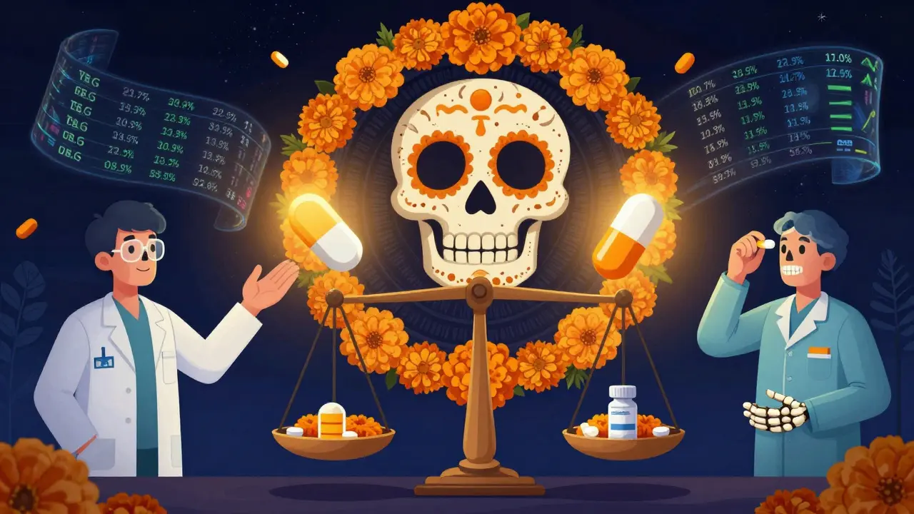 A patient holds identical generic and brand-name pills above a balanced scale, surrounded by data streams and marigold FDA seal.