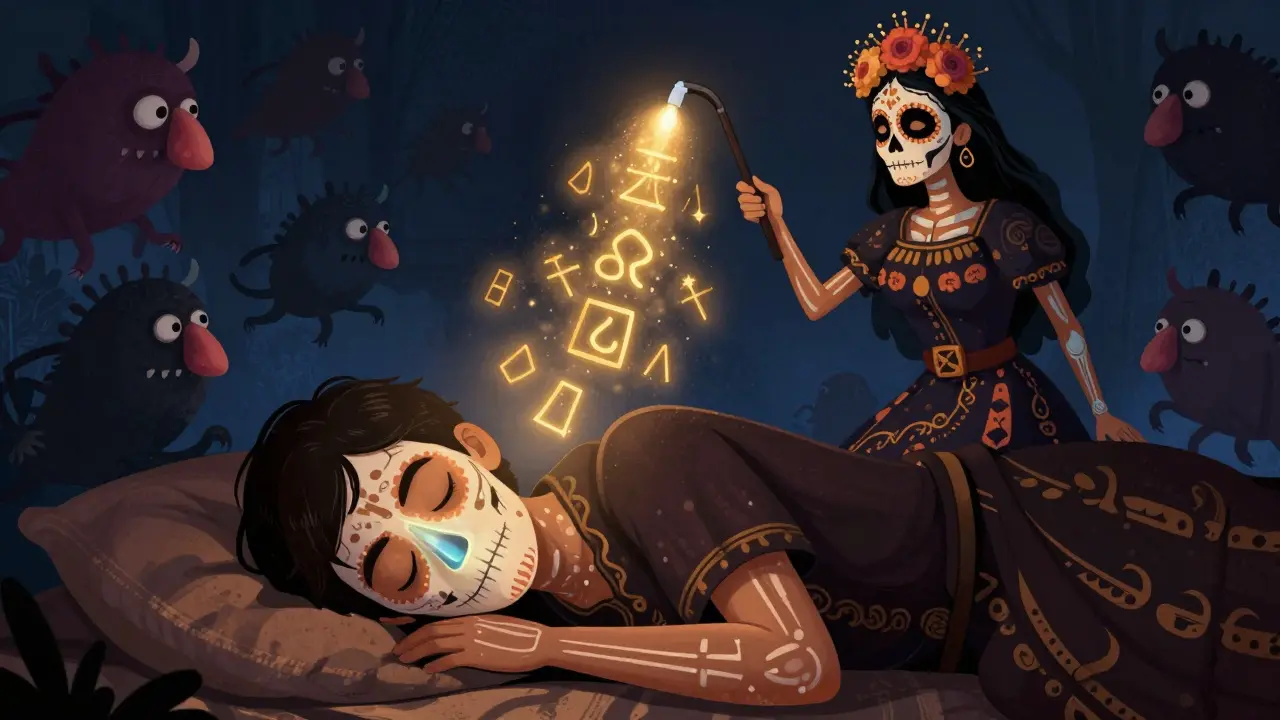 A person sleeping peacefully as golden mist from a Catrina figure calms inflamed nasal passages, driving away shadowy allergy monsters.