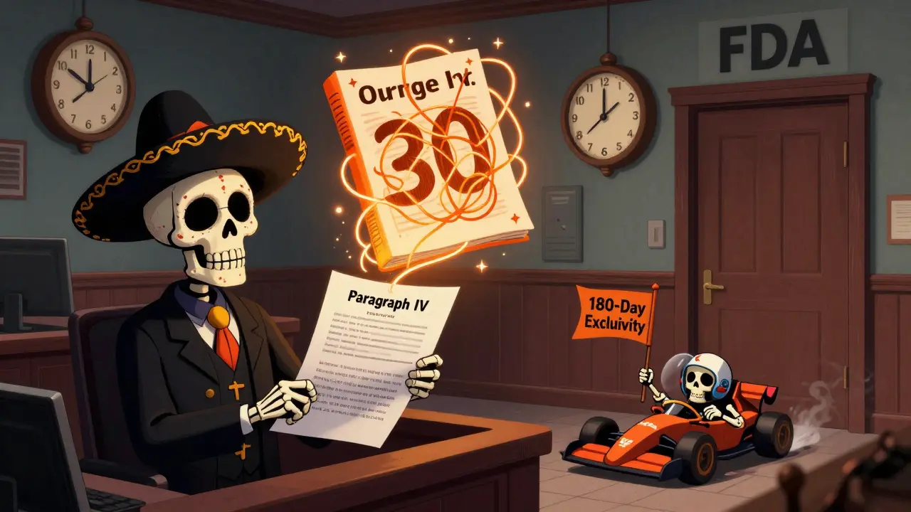A skeleton lawyer files a Paragraph IV petition as glowing patent threads tangle above, with a racing skeleton heading to the FDA.