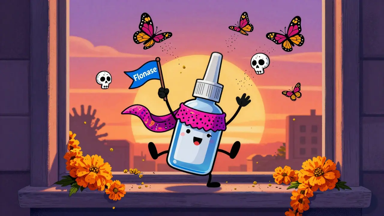 An anthropomorphic nasal spray bottle turning allergens into skeletal butterflies, adorned with marigold garlands in vibrant Día de los Muertos art style.