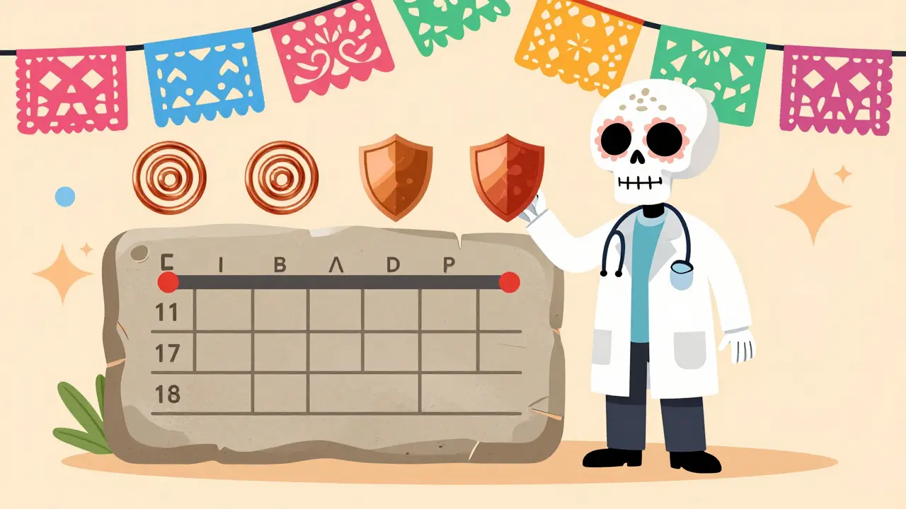 Calendar timeline with medical safety symbols and skeleton doctor figure.