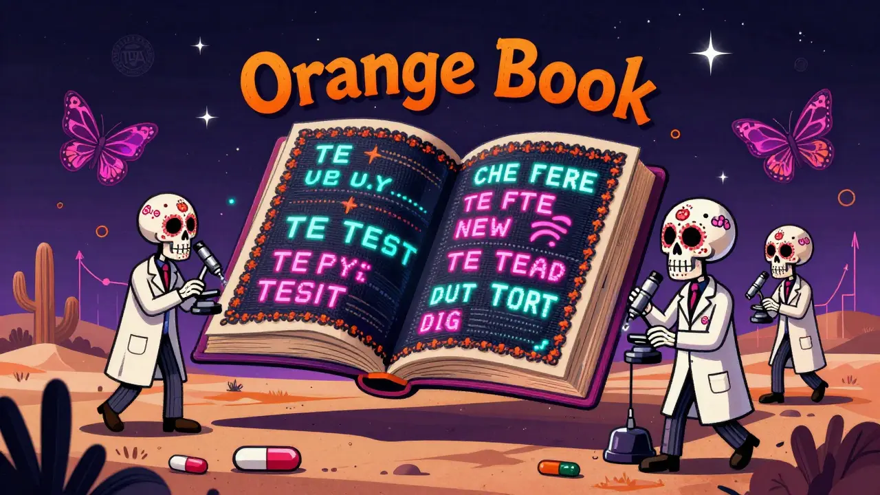 Glowing Orange Book floating above desert with TE Codes as neon banners and skull scientists