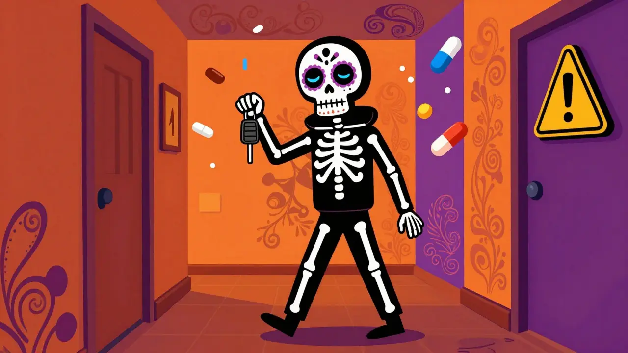 Groggy person walking with keys showing medication side effects.