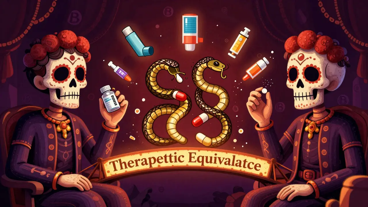 Patient comparing brand and generic pills with glowing bridge labeled 'Therapeutic Equivalence'