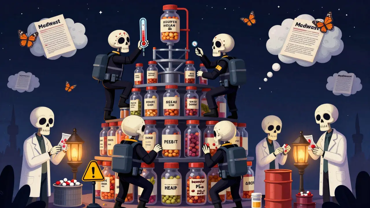 Skeletal FDA agents inspect a pill bottle factory under glowing lanterns, with warning signs and chemical barrels in the background.