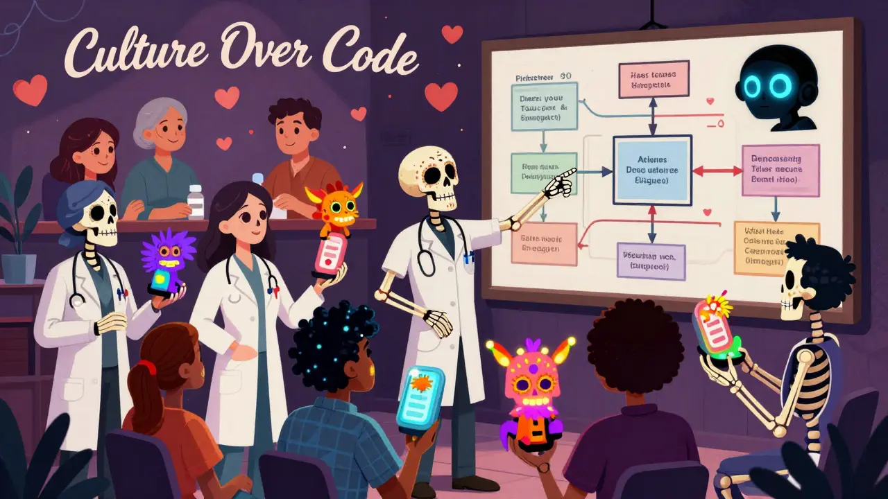Skeletal pharmacy staff in a huddle holding colorful alebrijes, with a flowchart and AI eyes in the background.