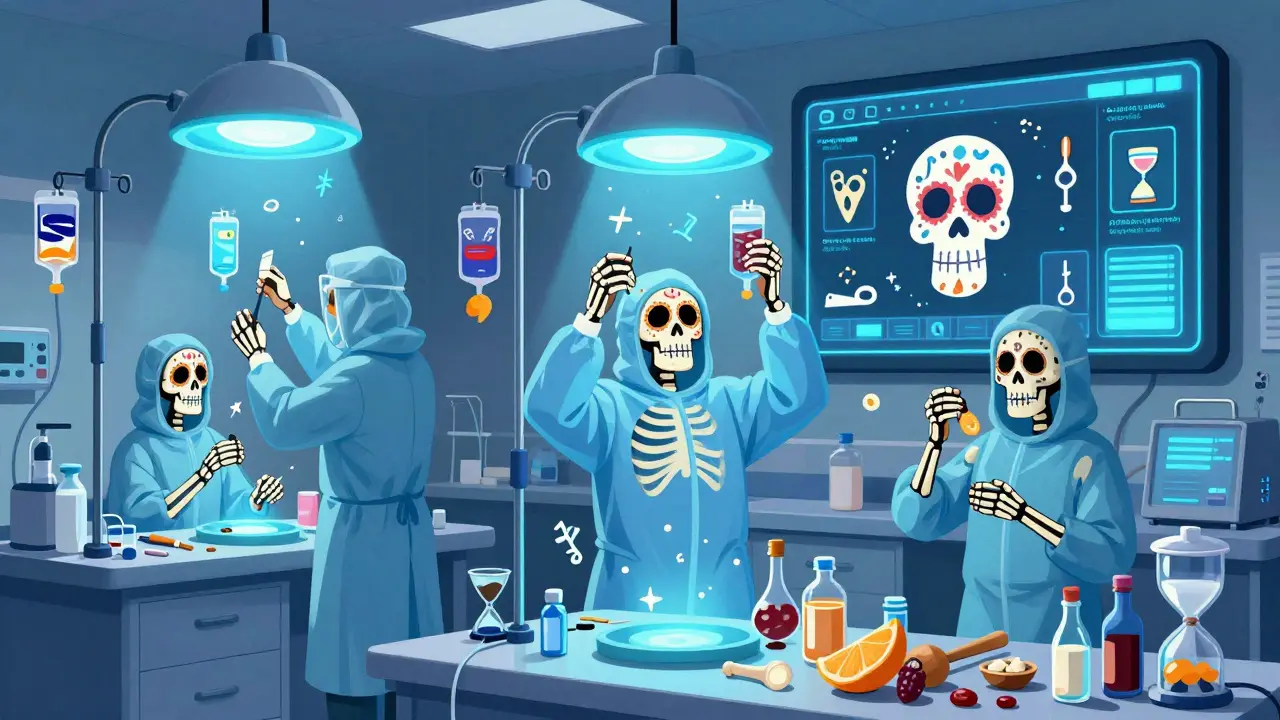 Skeletal technicians preparing IV bags under blue lights, with spirit glyphs and hourglasses marking safety steps.
