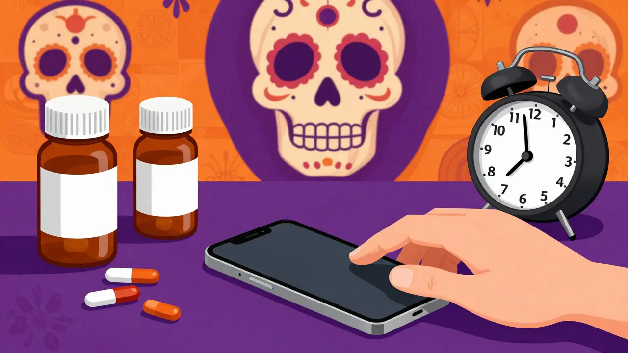 Table with medicine bottles and phone ready for emergency call.