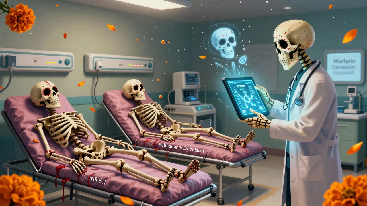 Three skeletons in an ER with bleeding warnings, a doctor reviewing a genetic AI chart, marigold petals falling.