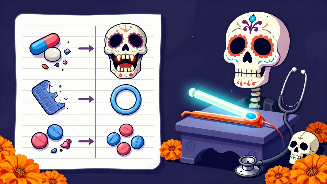 Two medical paths: one of failing contraceptives consumed by enzyme skeletons, the other safe IUDs on a marigold-decorated altar.
