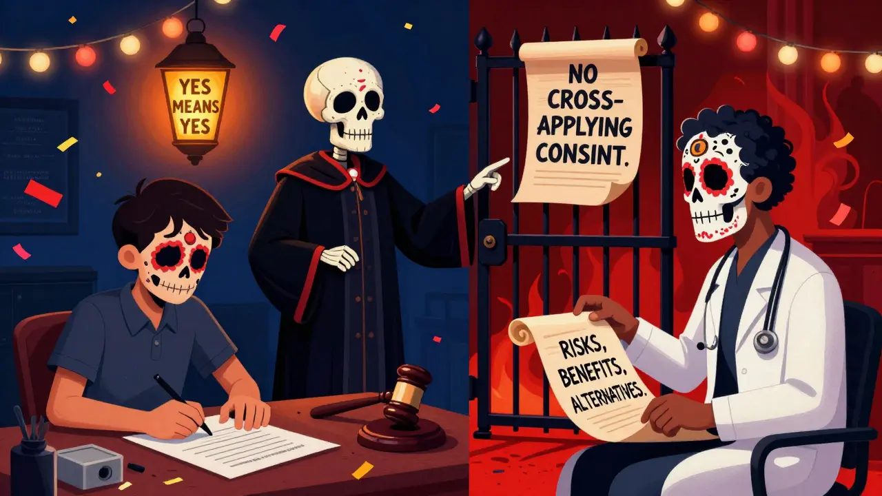 Two scenes: one shows a student signing a 'yes means yes' form, the other a doctor explaining treatment to a nodding patient.