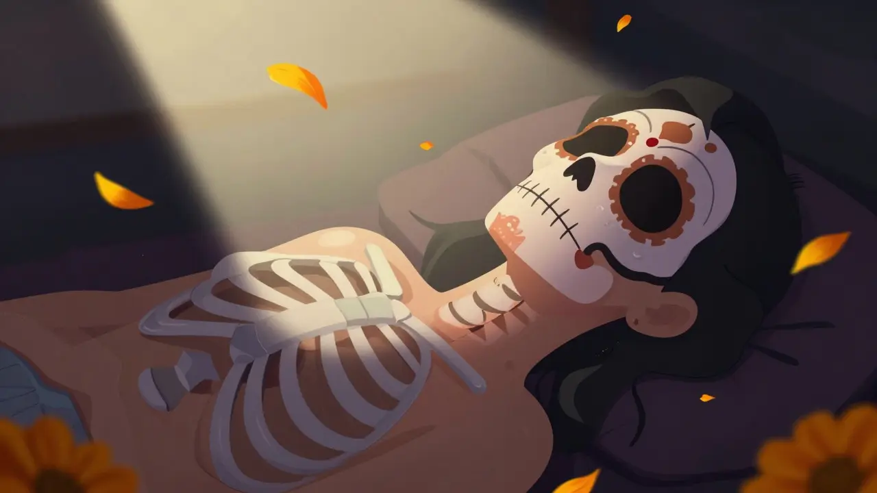 Unconscious person on floor surrounded by shadows and marigold petals.