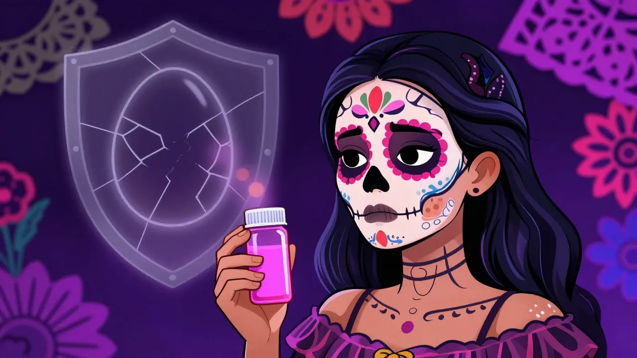 Woman with sugar skull makeup examining a medication bottle closely.