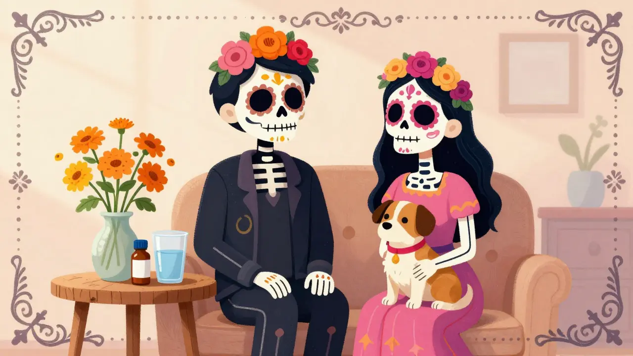 A person and dog with Day of the Dead skeletal patterns sitting near a glass of water and medication.